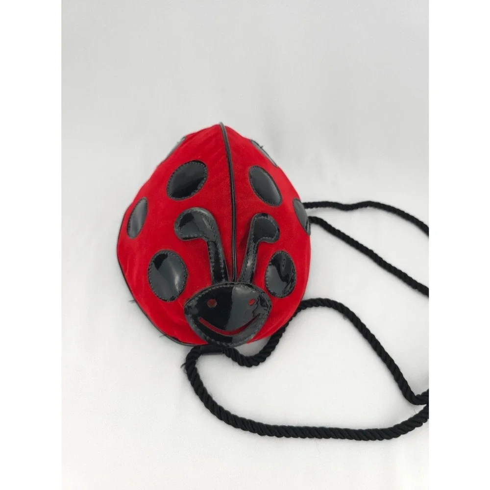 Y2K 90s Velveteen‎ Polka Dot Ladybug Backpack Purse Red Black Zipper